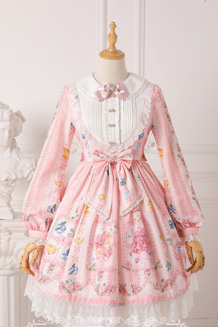 Blueberry Print Long Sleeves Ribbon Girly Princess Lolita Dress - 4 Shades