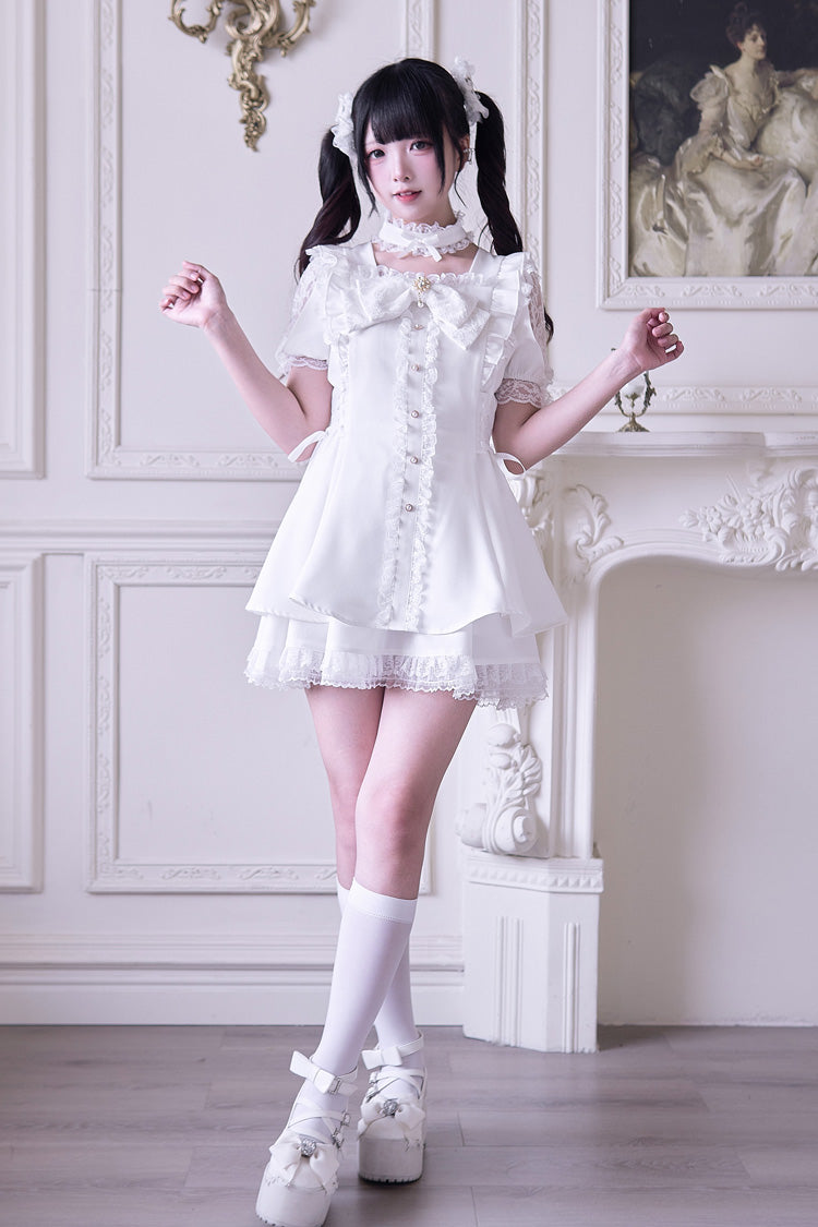 Ivory Ruffle Bowknot Jirai Kei Dress Set with Short Sleeves - Waltz