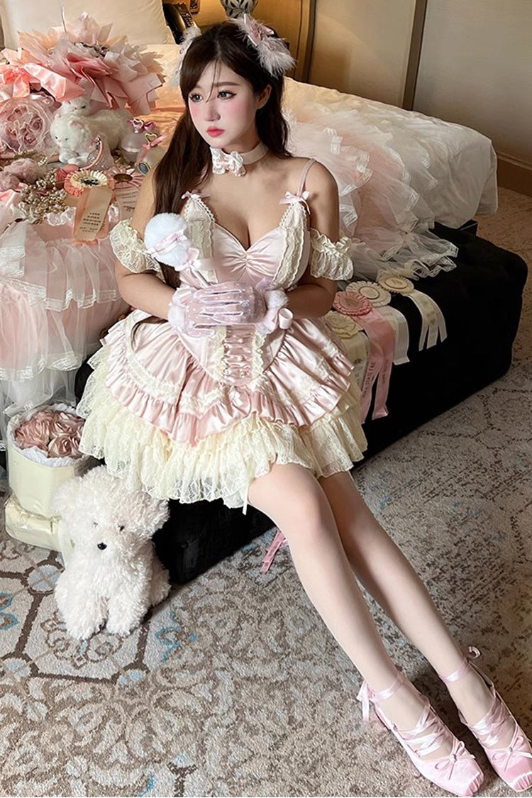 Pink Multi-Layered Ruffled Bow Lace Sweet Ballet Lolita JSK Dress