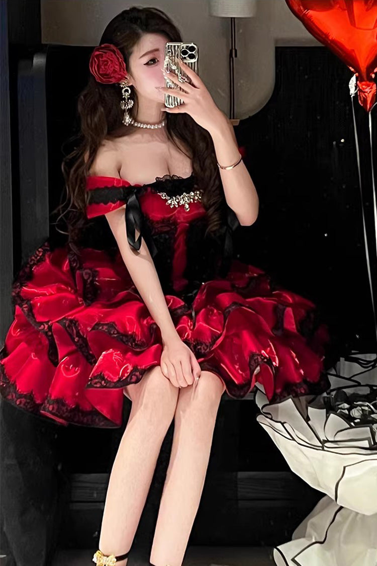 Sweet Lolita JSK Dress with Ruffled Lace and Lace-Up Back - Red