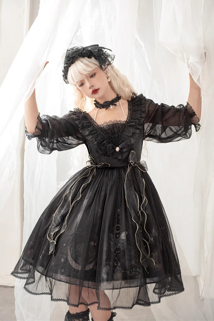 Black Planet Butterfly Printed Gothic Lolita Dress - High-Waisted Ruffled Lace