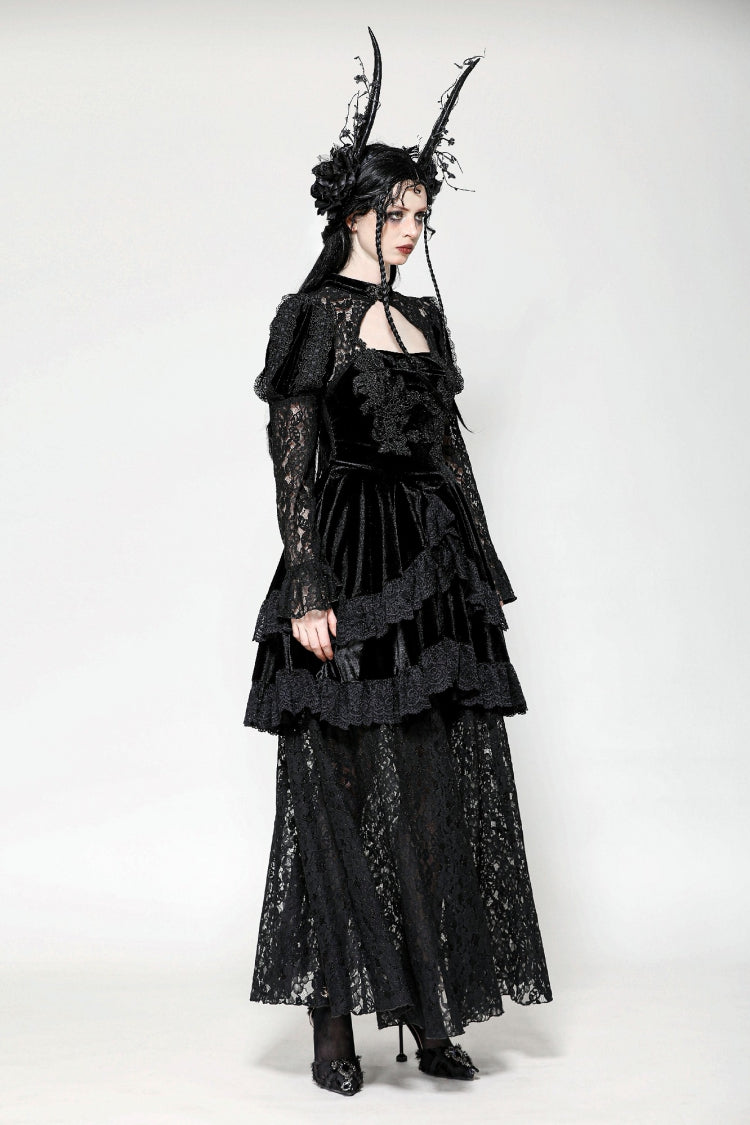 Jet-Black Gothic Evening Dress with Cutout Lace and Velvet Corset