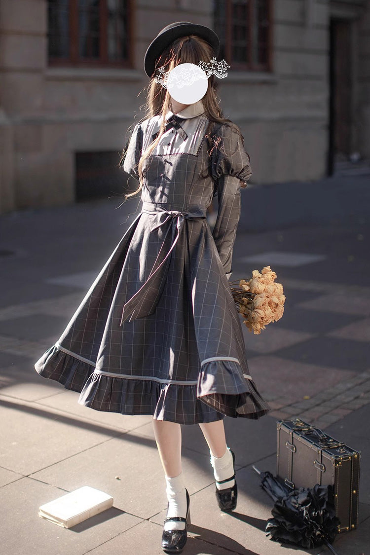 Grey Plaid Print Bow Classic Vintage College Dress