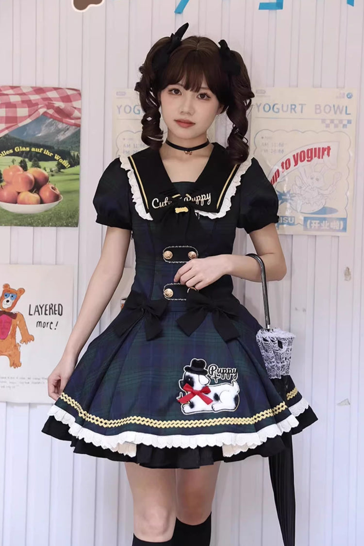 Blue Dalmatian Short Sleeves Print Ruffle Bowknot Slim Sweet Lolita Dress