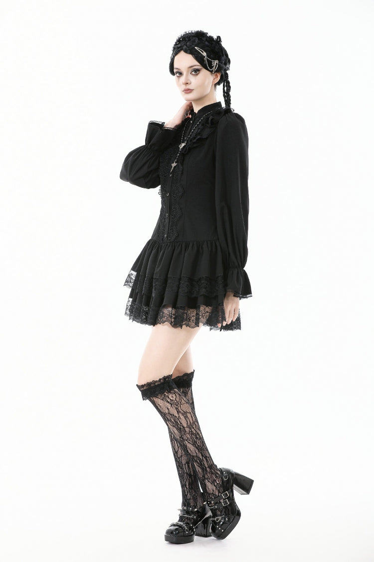 Jet-Black Lace-Up Dress with Bishop Sleeves and Layered Hem