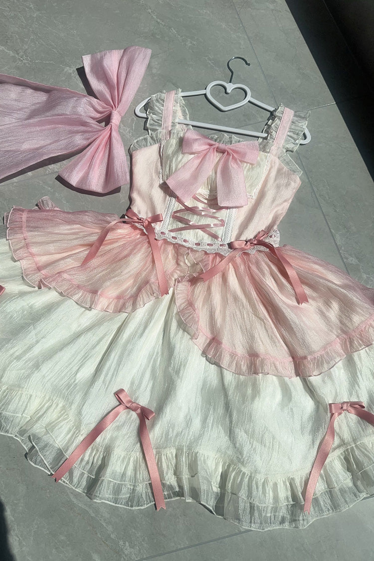 Ivory and Pink Sakura Bow Sleeveless Double-Layer Ruffled Bow Sweet Princess Lolita JSK
