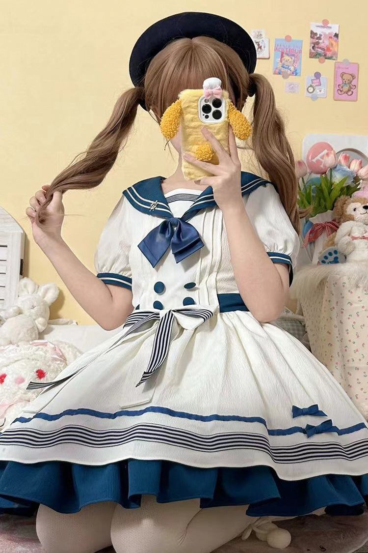 White/Green Navy Collar Short Sleeve Ruffled Bow Sweet Lolita Dress