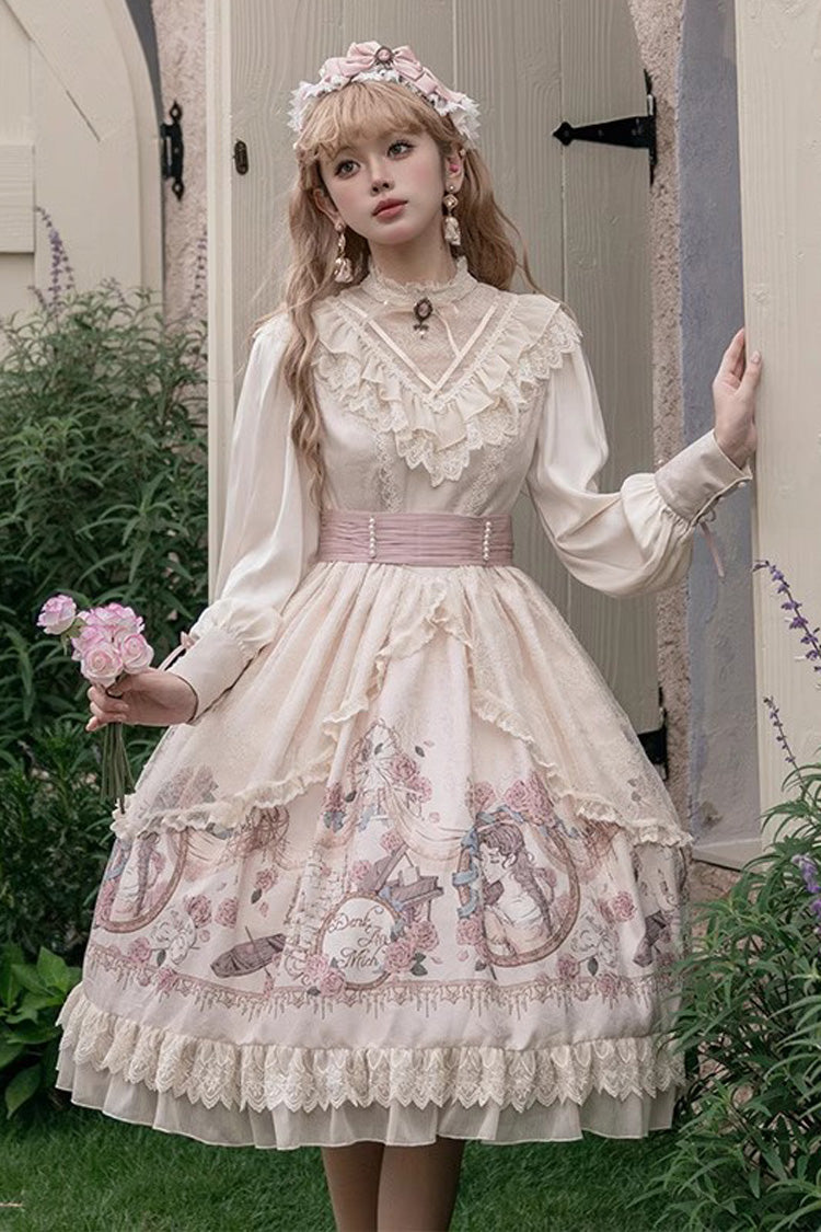 Apricot Rose Prologue Print Long Sleeve Ruffle Sweet Elegant Lolita Dress