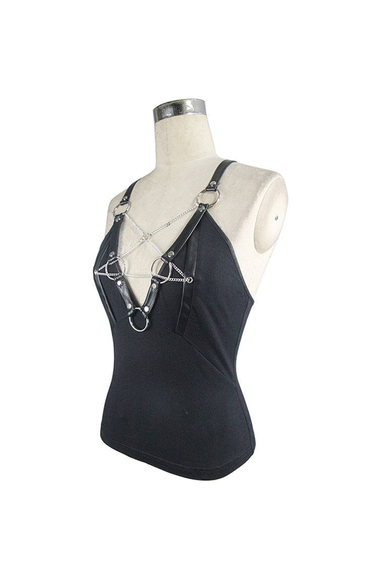 Punk Vest with Inverted Pentagram Chain Backless Metal Ring Straps