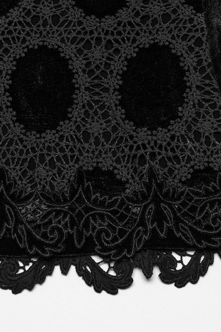 Jet-Black Gothic Blouse with Puffed Sleeves and Embroidered Print