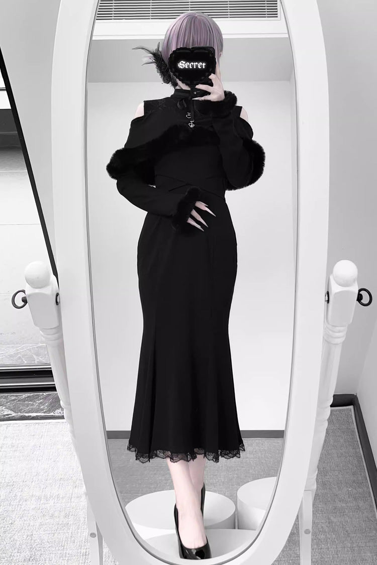 Jirai Kei Stand Collar Off Shoulder Long Sleeves Embroidered Lace Sweet Japanese Fishtail Dress 2 Colors
