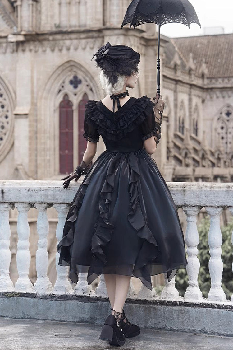 Lace-Trim Puff-Sleeve Gothic Lolita Dress