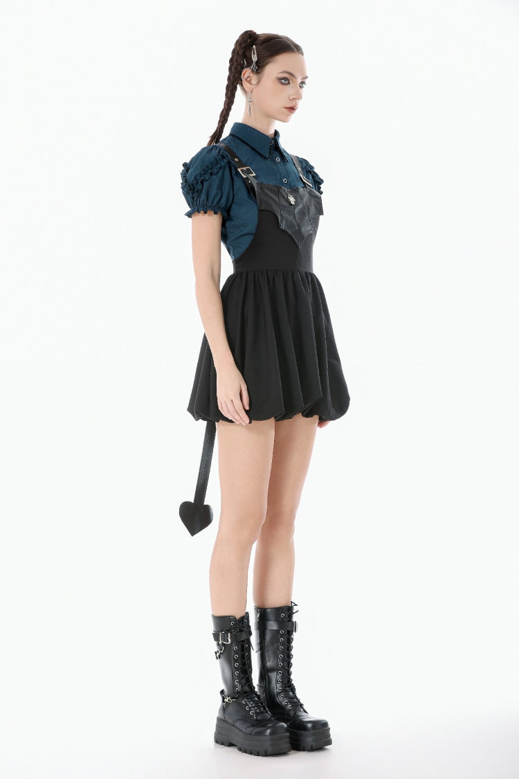 Bat Wing Buckled Gothic Suspender Dress Graduation Dress with Tail