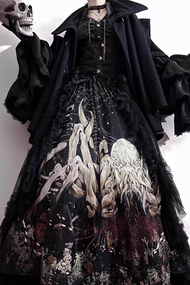 Black Reborn Ancient God Long Hime Sleeve Print Lace Gothic Lolita Skirt Set