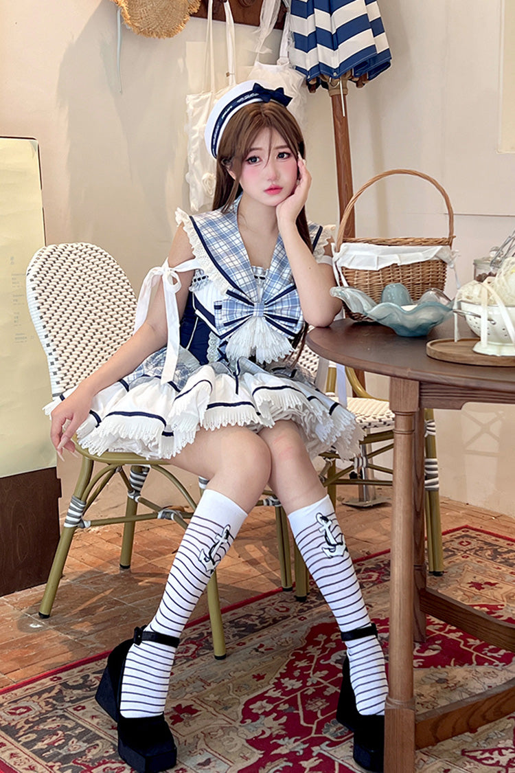 Blue/White Sailing Love Navy Collar Sleeveless Plaid Print Ruffle Ribbon Girly Lolita Dress
