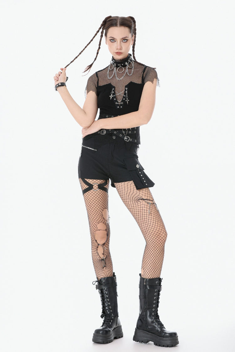Dark Punk Top with Mesh Cutouts and Chain Embellishments