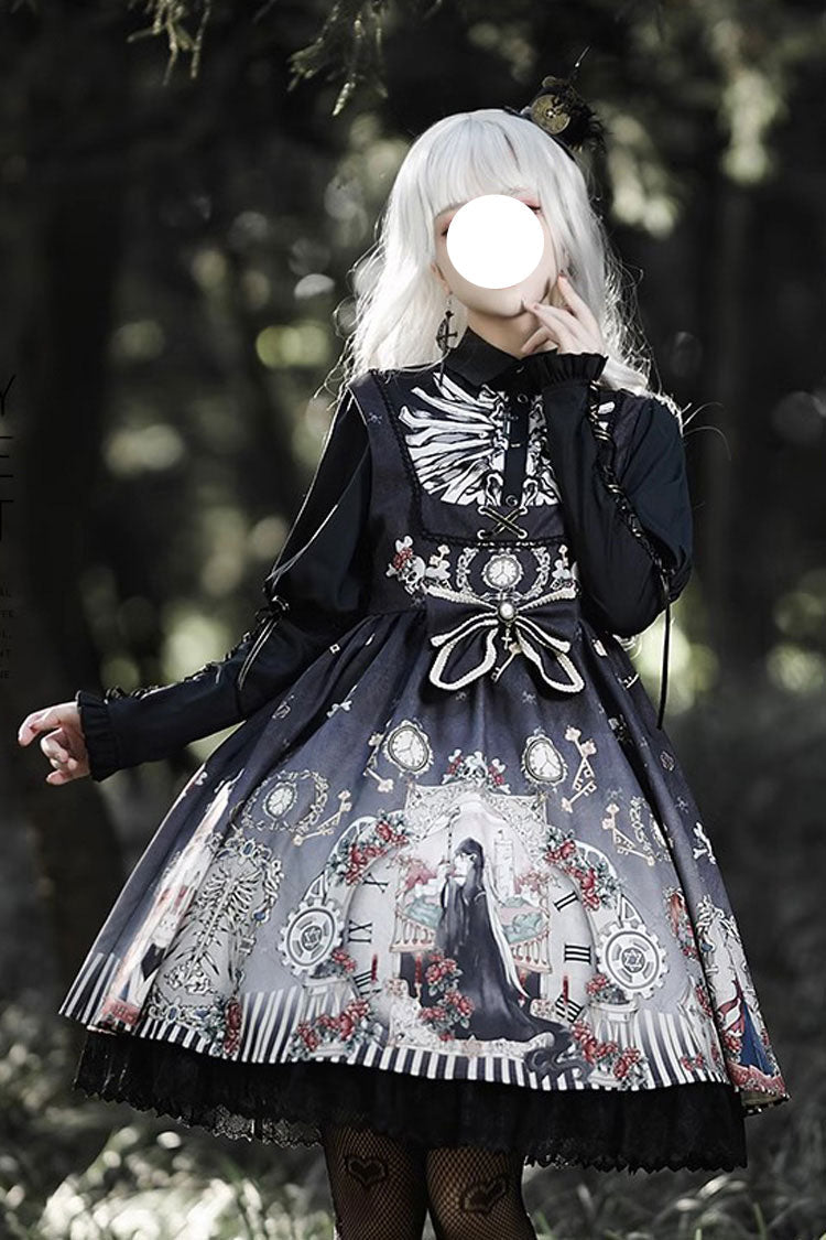 Navy Fairy Tale Print Ruffle Bowknot Gothic Lolita JSK Two-Tone