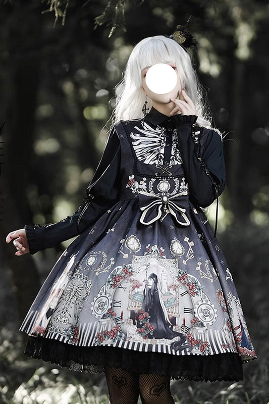 Navy Fairy Tale Print Ruffle Bowknot Gothic Lolita JSK Two-Tone