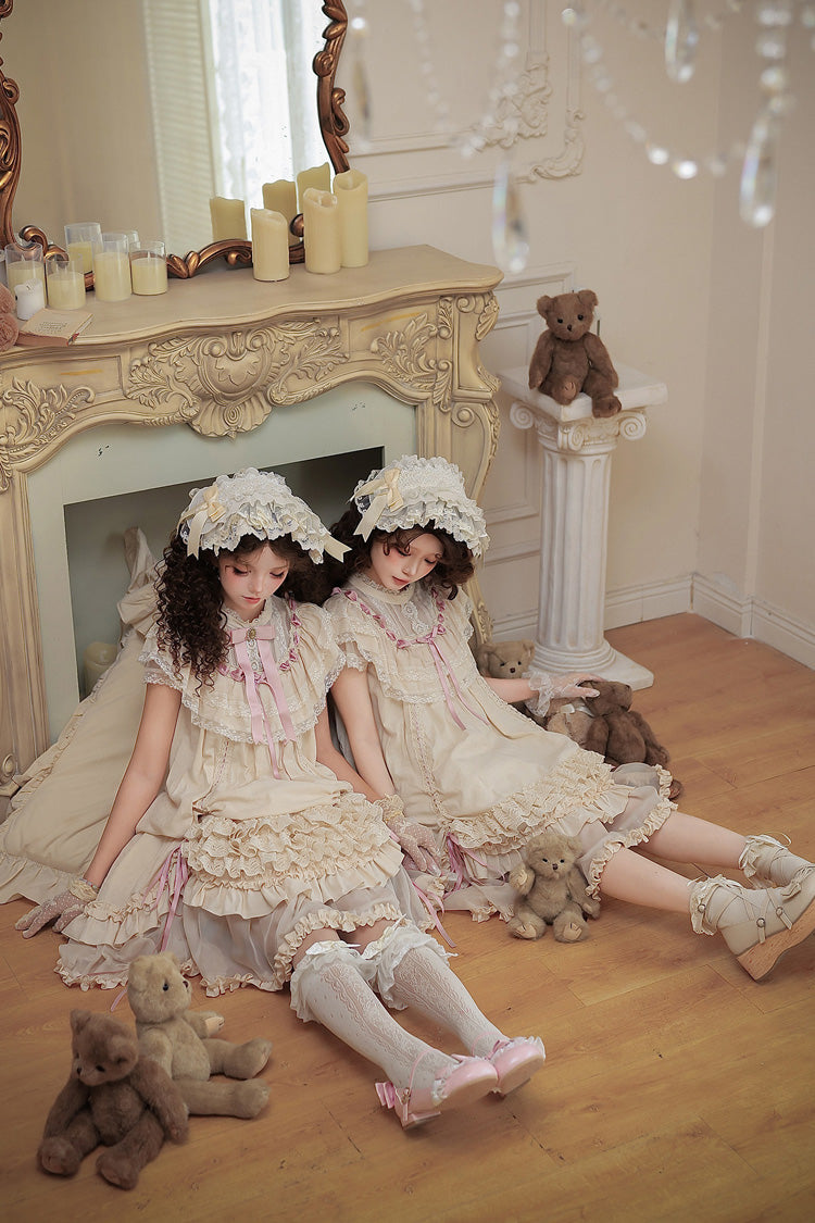 Apricot Sweet Lolita Dress with Stand Collar Short Sleeves Loose Doll-Like Ruffled Bow Lace