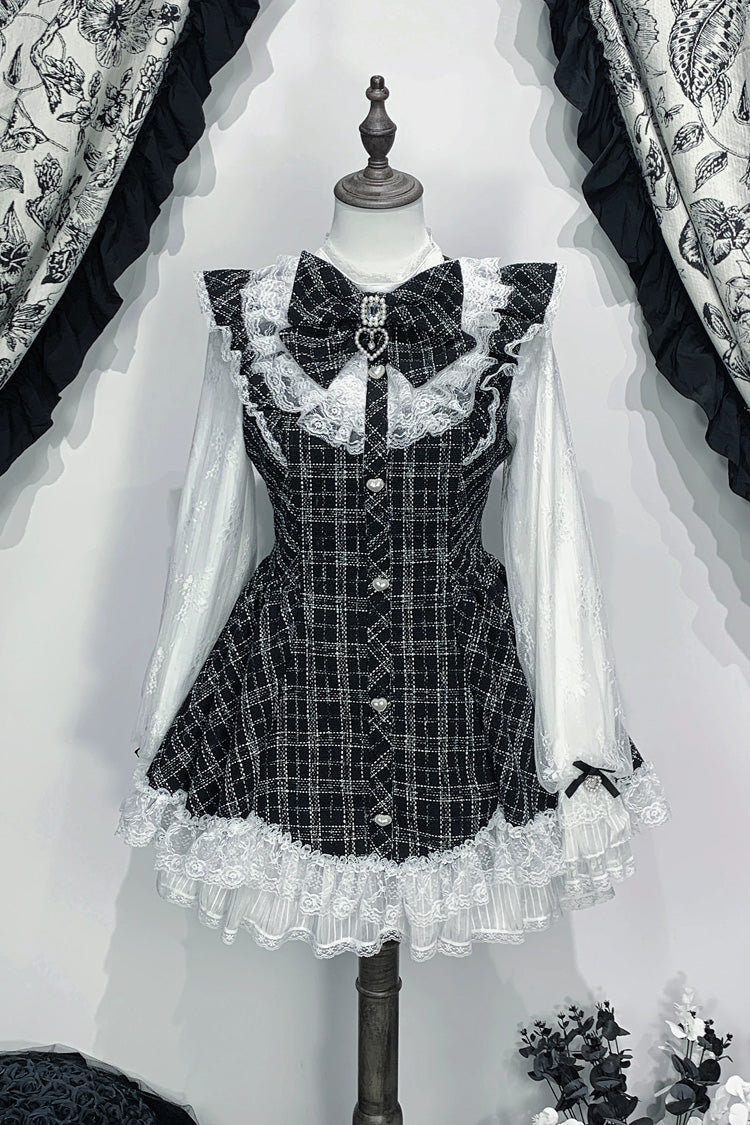 Black Plaid Print Ruffle Bow Lace Sweet Jirai Kei Dress with Shorts