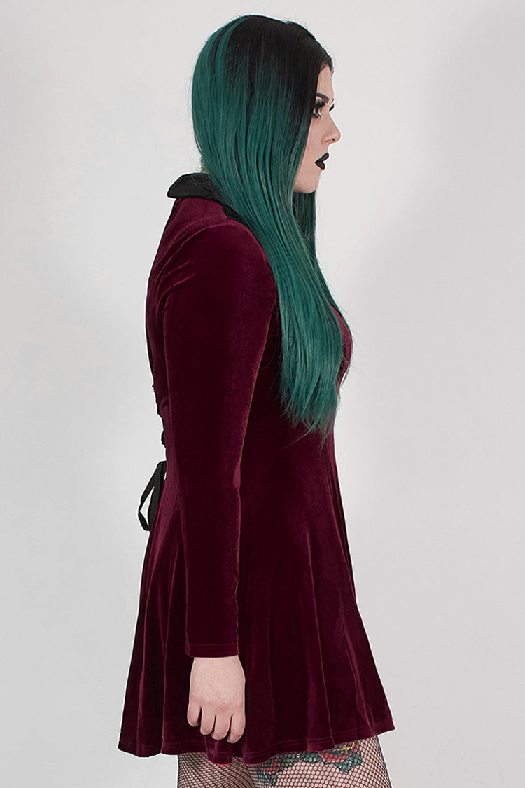 Velvet Front Chest Hollow-Out Decals Back Lace-Up Long Sleeve Plus Size Gothic Dress