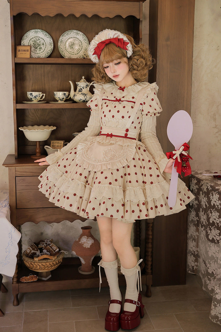 Apricot Sweet Elegant Lolita Dress with Cotton Round Collar Long Lantern Sleeves Polka Dot Print Ruffled Bow Lace