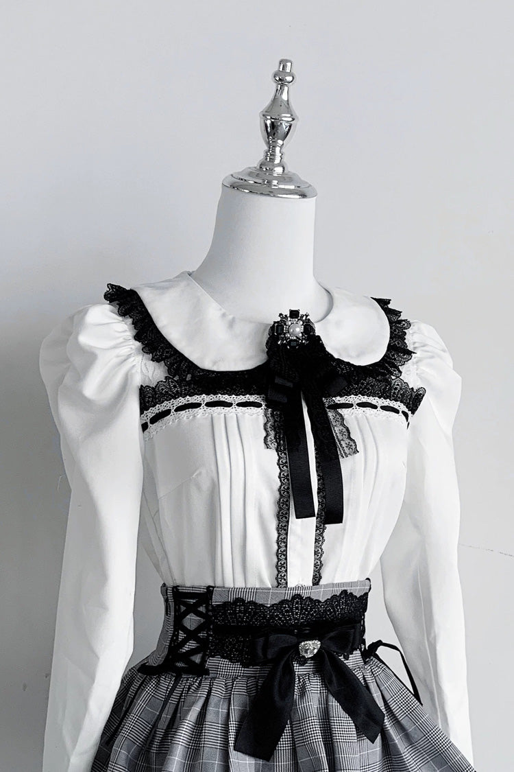 Doll Collar Triple Layered Ruffled Bow Lace Jirai Skirt and Blouse Set in Two Colors