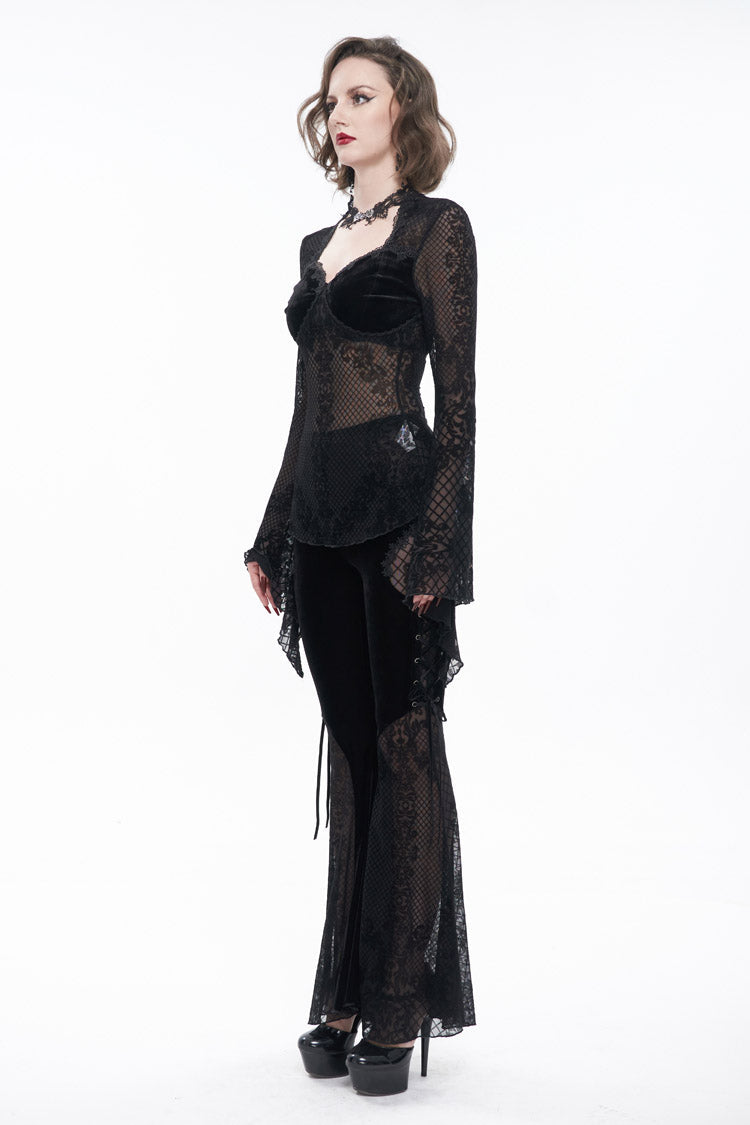 Midnight Velvet Lace Flared-Sleeve Gothic Tee with Metal Accents