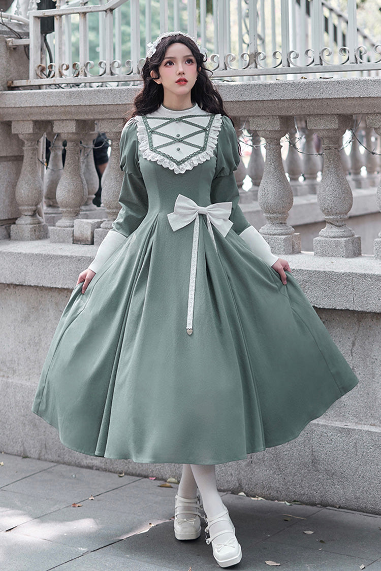 Emerald Nun-Inspired Stand-Collar Long-Sleeve Lolita with Ruffle Bow