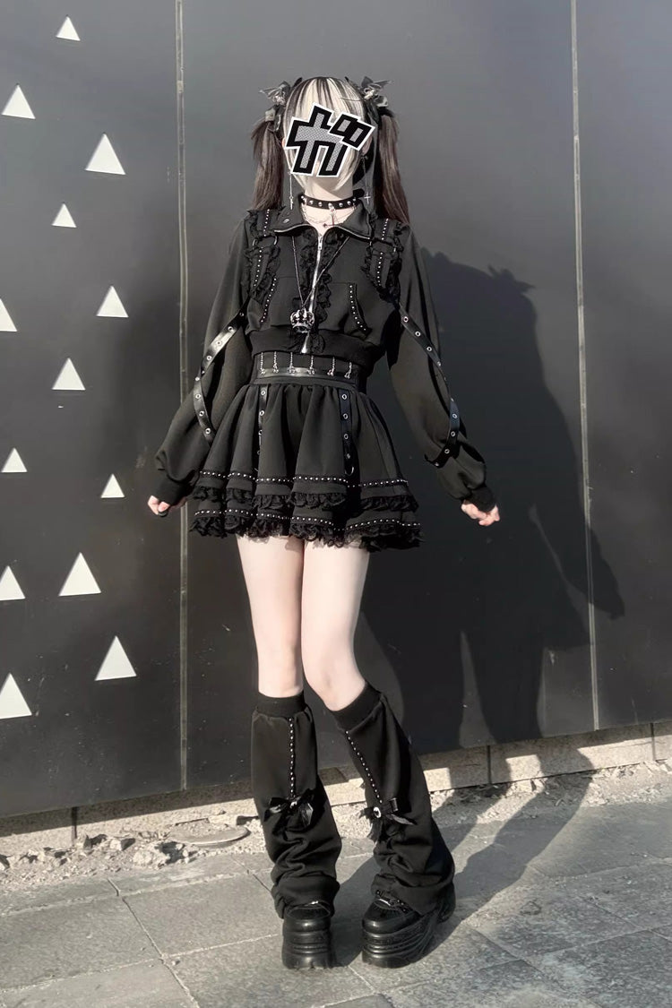 Black Gothic Ruffle Lace Zip Skirt Ensemble Jirai Kei
