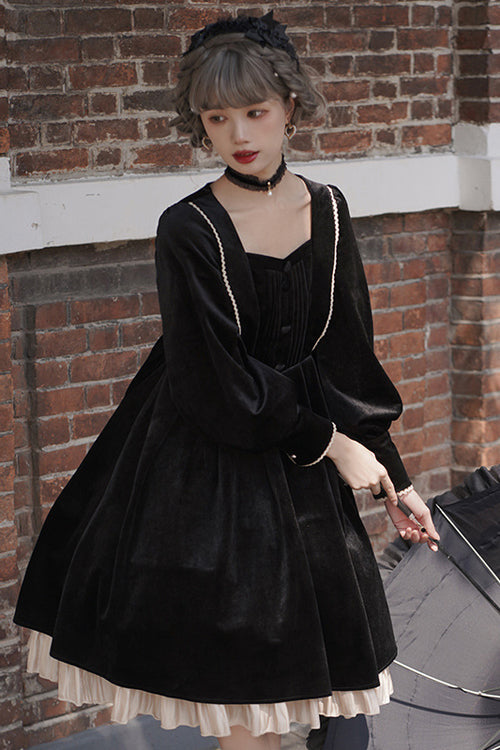 Ebony Velvet Classic Lolita One-Piece with Faux Collar