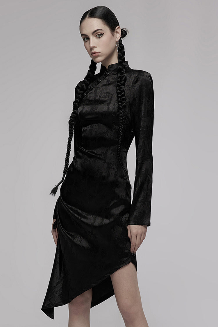 Jacquard Cotton Cheongsam Pointed Hem Drawstring Collar Long Sleeve Punk Dress