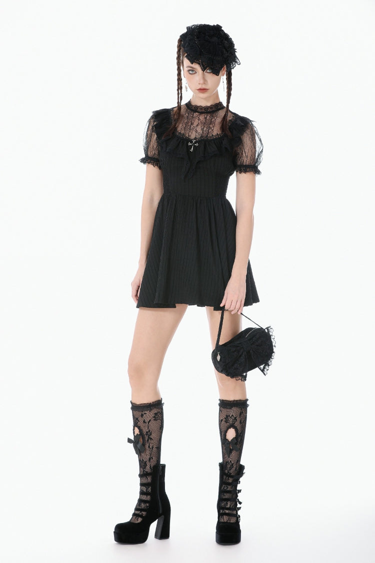 Cross Ruffled Short Sleeve Gothic Graduation Dress for Women Lace