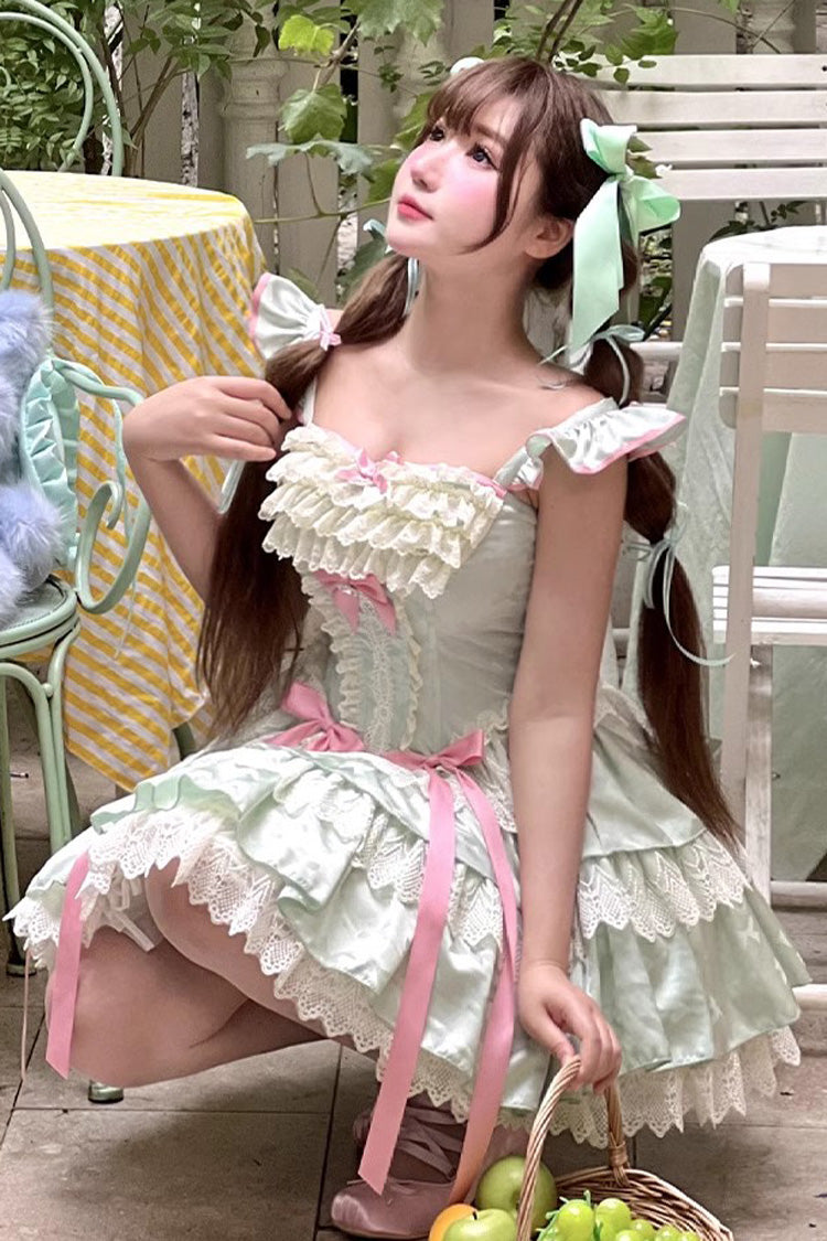 Green Multi-Layered Ruffled Bow Lace Sweet Ballet Lolita Dress