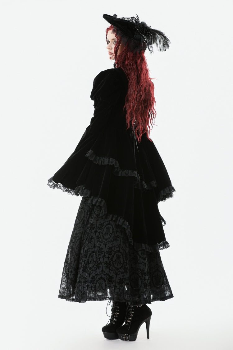 Jet-Black Gothic Coatlet with Layered Ruffles and High-Low Hem for Women