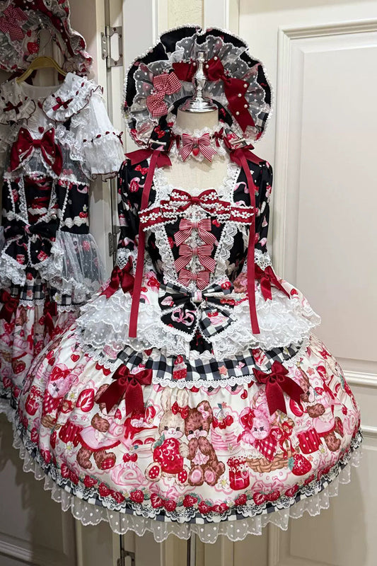 Black/Red Sweet Lolita OP Dress Half Sleeves Bow Lace Lace-Up - Sweet Berry Bunny Bear