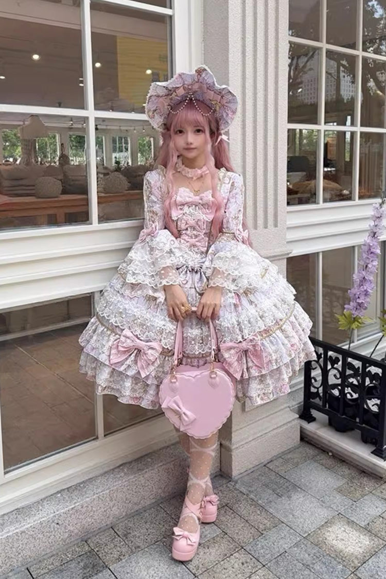 Candlelight Elegance Violet Long Trumpet Sleeves Ruffle Bowknot Lace Elegant Lolita Dress - Candlelight Elegance