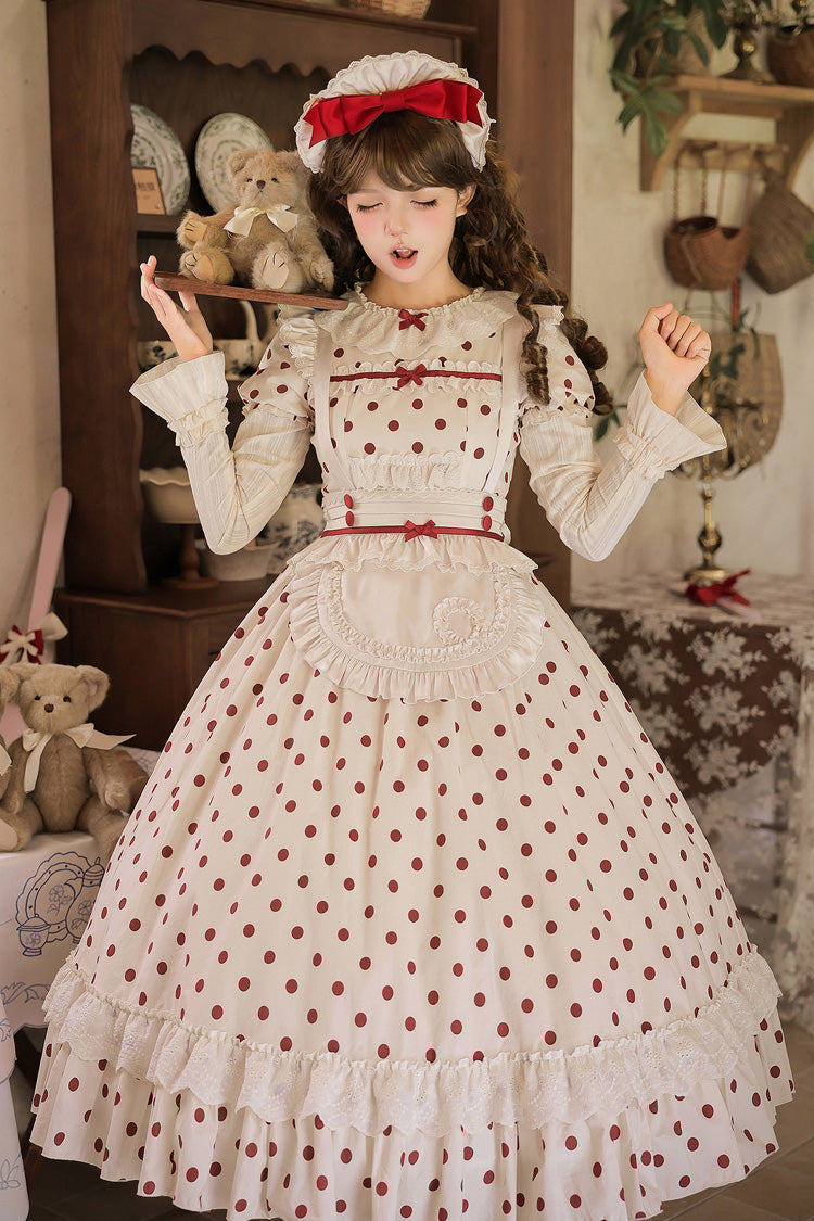 Apricot Sweet Elegant Lolita Dress with Cotton Round Collar Long Lantern Sleeves Polka Dot Print Ruffled Bow Lace