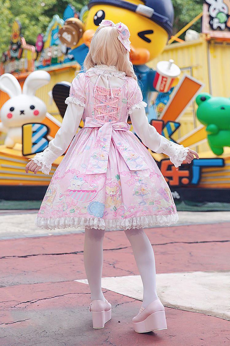 Pink Square Collar Lantern Sleeve Sweet Lolita Dress with Bow Print - Macarons Dolly House