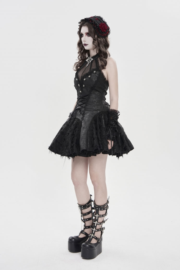 Off Shoulder Sleeveless Printed Spliced Lace Lace-Up Pleated Gothic Dress