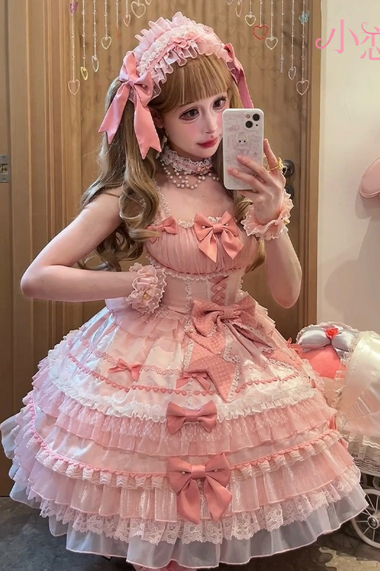Pink Multi-Layered Ruffled Bow Lace Sweet Gorgeous JSK - Little Lovetine