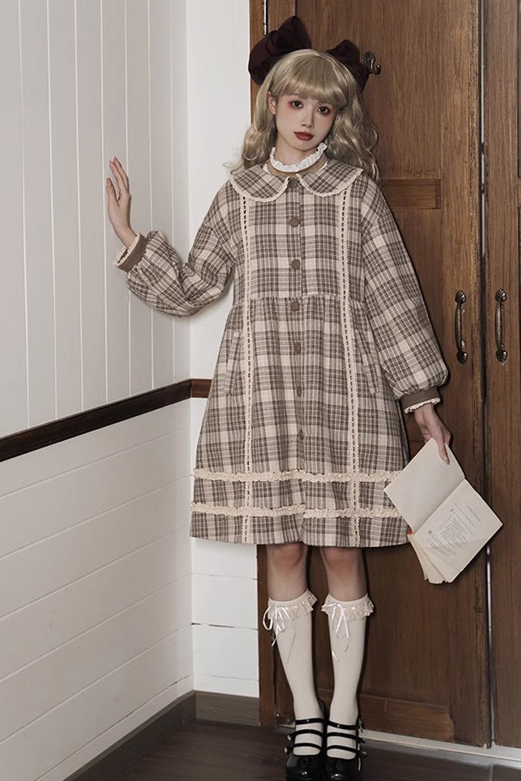 Light Brown Doll Collar Long Sleeve Multi-Layer Print Bowknot Sweet Lolita Coat