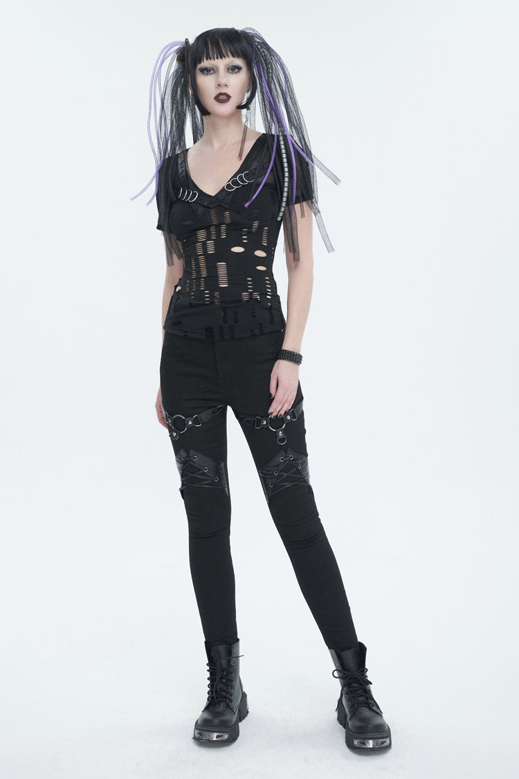 Destroyed Faux Leather Punk Tee with Metal Ring