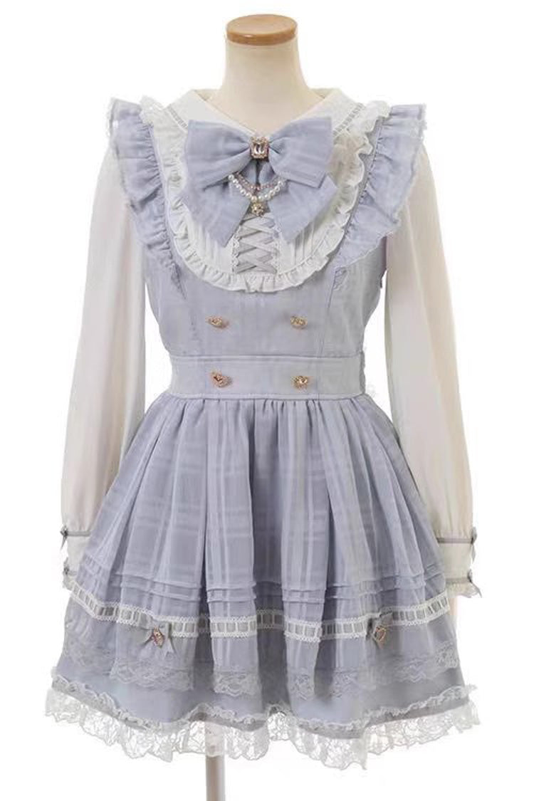 Bowknot Lace-Up Ruffle Print Long Sleeve Jirai Dress in Three Colors