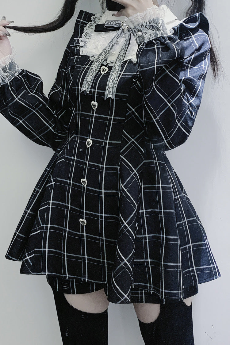 Heart-beating Limited Plaid Print Bowknot Lace Gothic Jirai Kei Dress Set - Black/White