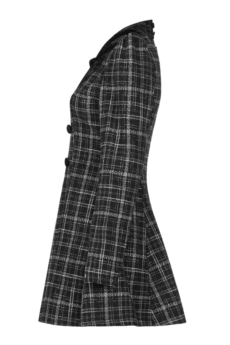 Checked Wool Velvet Bow Detail V-Neck Tie Punk Dress