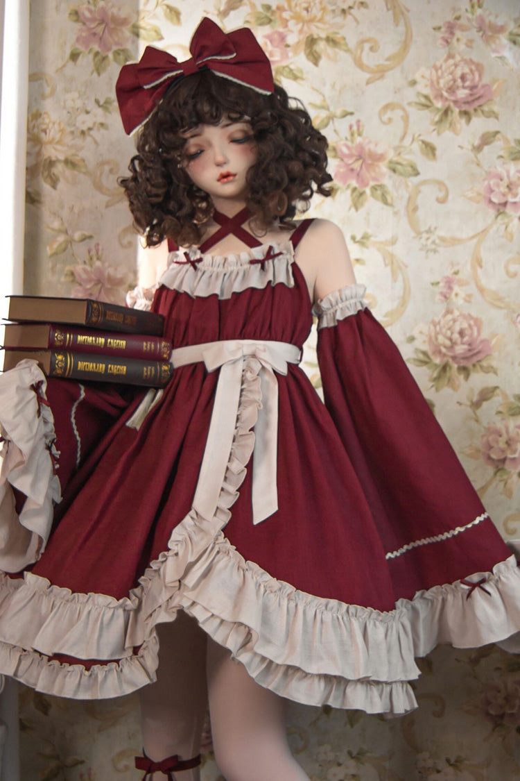 Sleeveless High Waist Ruffle Bow Asymmetric Gothic Lolita Jumper Dress - Red