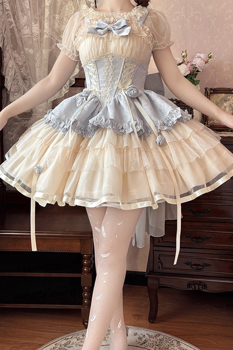 Triple-Layered Ballet Bow Lace-Up Sweet JSK Dress in Blue Ivory