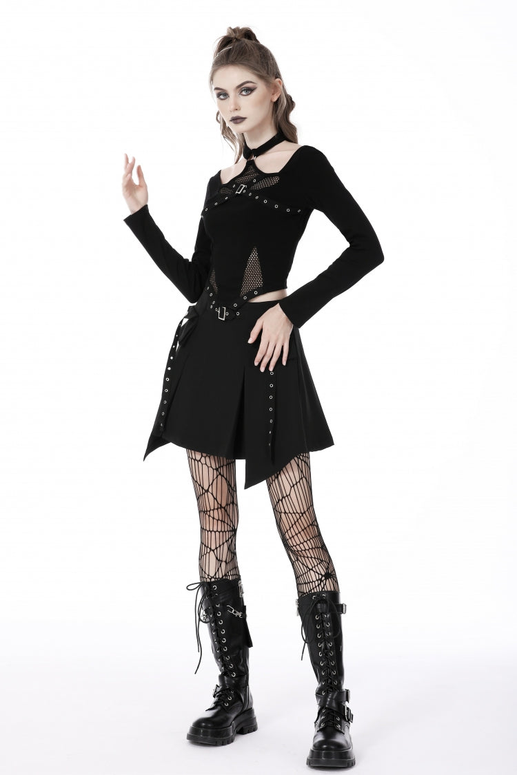 Trendy Black Eyelet Mesh Splice Long Sleeve Halter Punk Crop Top