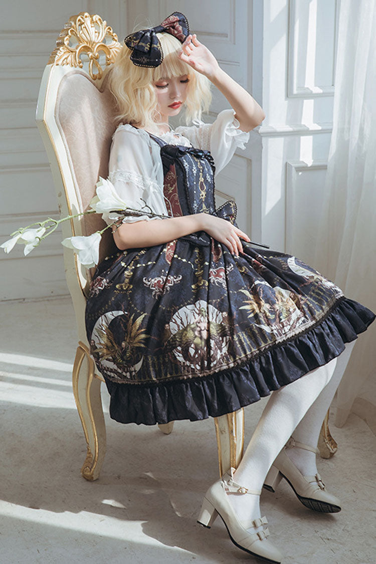 Navy Bowknot Altar Monthly Print Ruffled Classic Lolita Suspender Dress